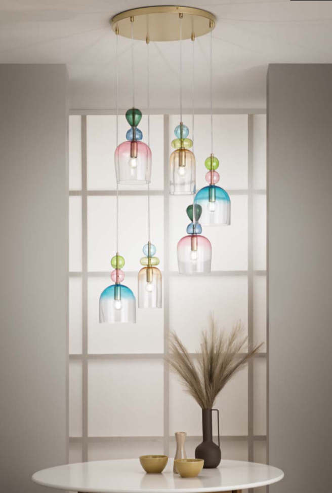 Sospensione colori floreali diffusori in vetro struttura metallo oro satinato attacco E14 GAUDI Sospensione colori floreali diffusori in vetro struttura metallo oro satinato attacco E14 GAUDI